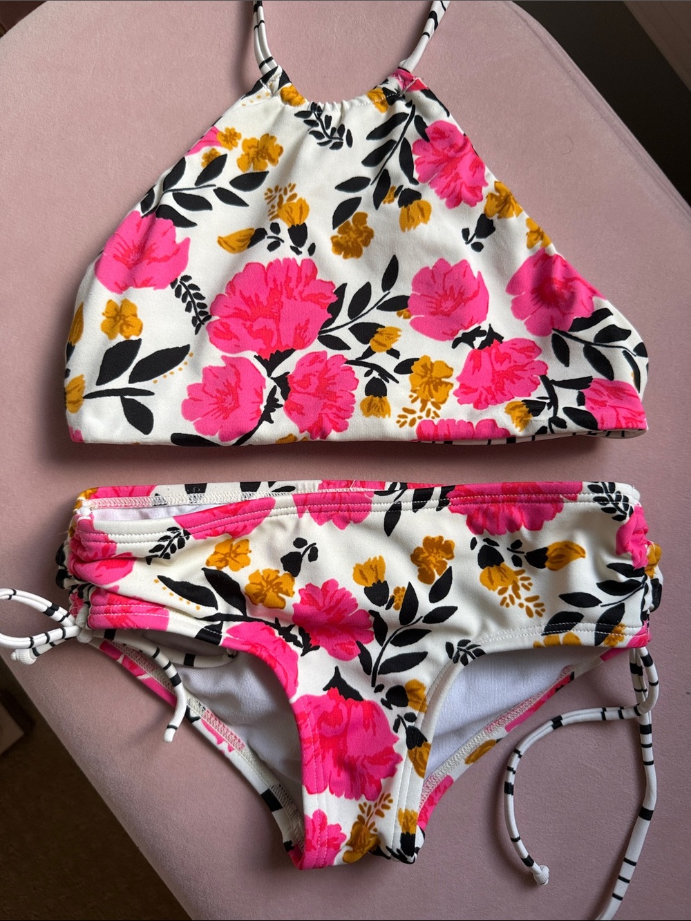 Billabong reversible Girls White Floral Bikini with Pink and Mustard Flowers